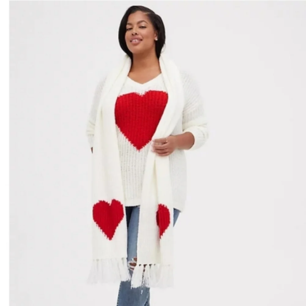 Torrid Ivory Knit Red Heart Fringe Blanket Scarf